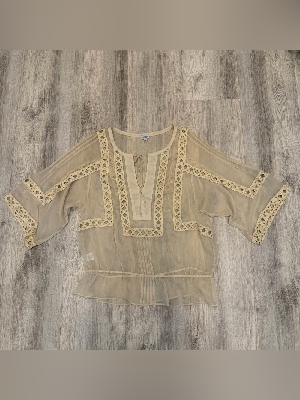 Charming Charlie Sheer Boho Crochet Trim Blouse Large Beige